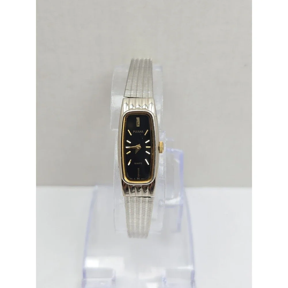 Vintage Pulsar By Seiko Womens Two Tone Black Dial Tank Quartz Watch New Battery